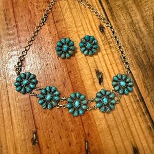 Handmade Sterling Silver & Kingman Turquoise Cluster Necklace Set